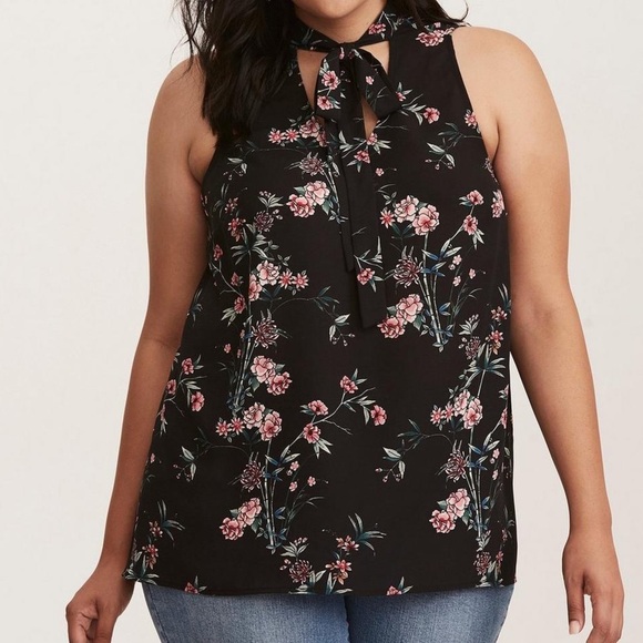 Torrid Black & Pink Floral Tie Georgette Tie Chiffon Tank Top Blouse - Picture 1 of 9